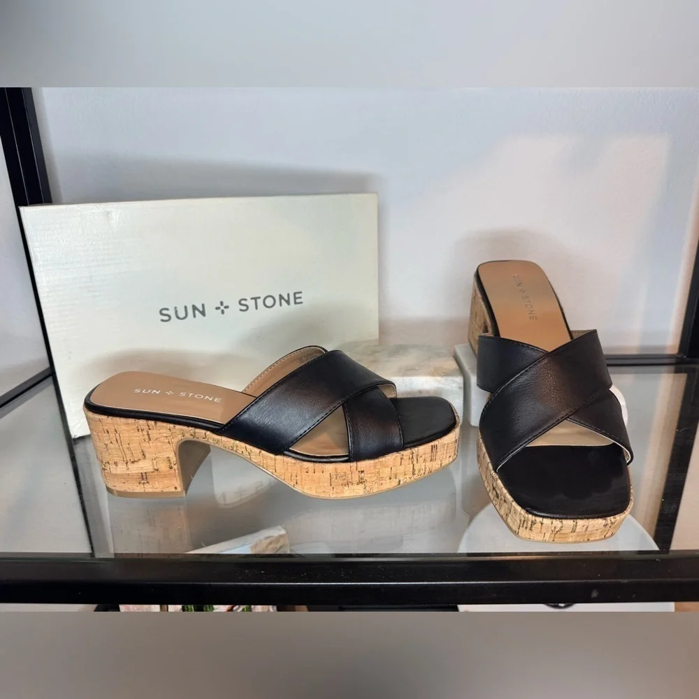 NIB Sun + Stone Womens Giigi Faux Leather Slide Block Heels Black Size 7.5